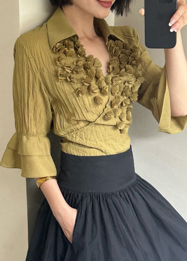 Beautiful Yellow Peter Pan Collar Wrinkled Cotton Shirts Bracelet Sleeve