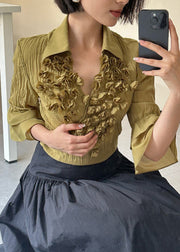 Beautiful Yellow Peter Pan Collar Wrinkled Cotton Shirts Bracelet Sleeve