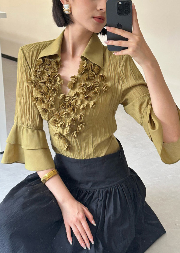Beautiful Yellow Peter Pan Collar Wrinkled Cotton Shirts Bracelet Sleeve