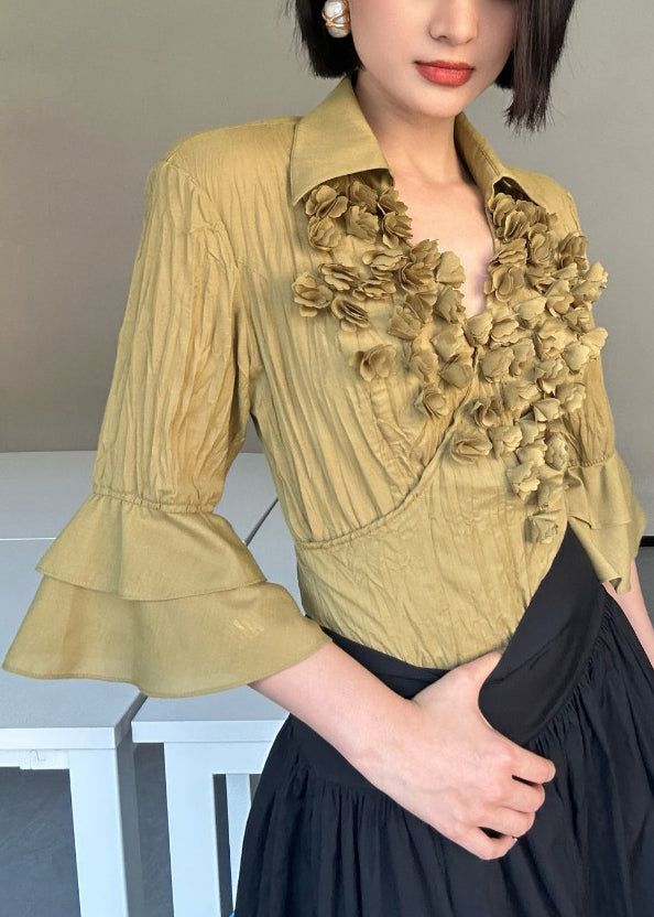 Beautiful Yellow Peter Pan Collar Wrinkled Cotton Shirts Bracelet Sleeve
