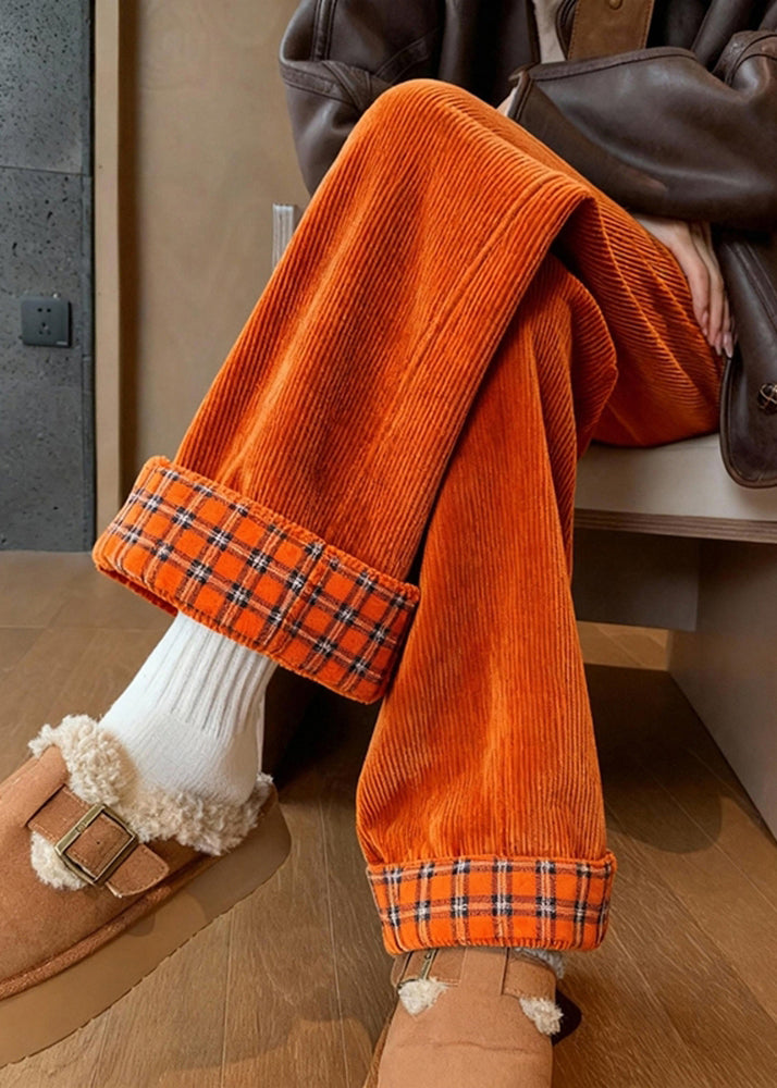 Beautiful Yellow Pockets Patchwork Corduroy Wide Leg Pants Fall