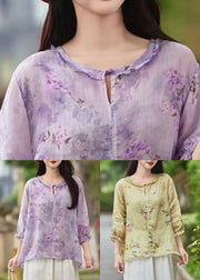 Beautiful Yellow Ruffled Print Linen Blouse Bracelet Sleeve