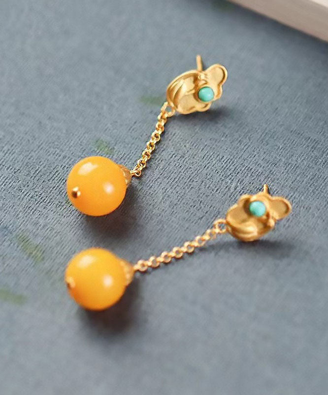 Beautiful Yellow Sterling Silver Overgild Beeswax Turquoise Drop Earrings