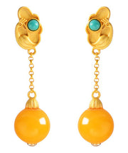 Beautiful Yellow Sterling Silver Overgild Beeswax Turquoise Drop Earrings