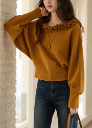 Beautiful Yellowish Brown Ruffled Solid Knit Sweaters Winter