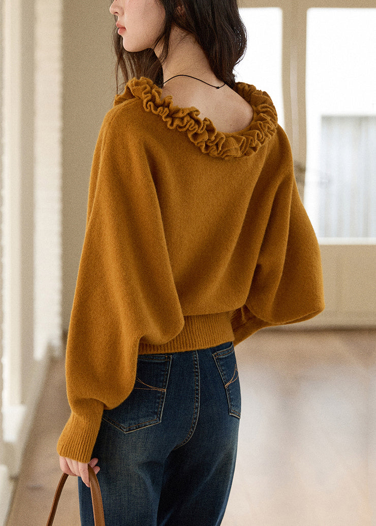 Beautiful Yellowish Brown Ruffled Solid Knit Sweaters Winter