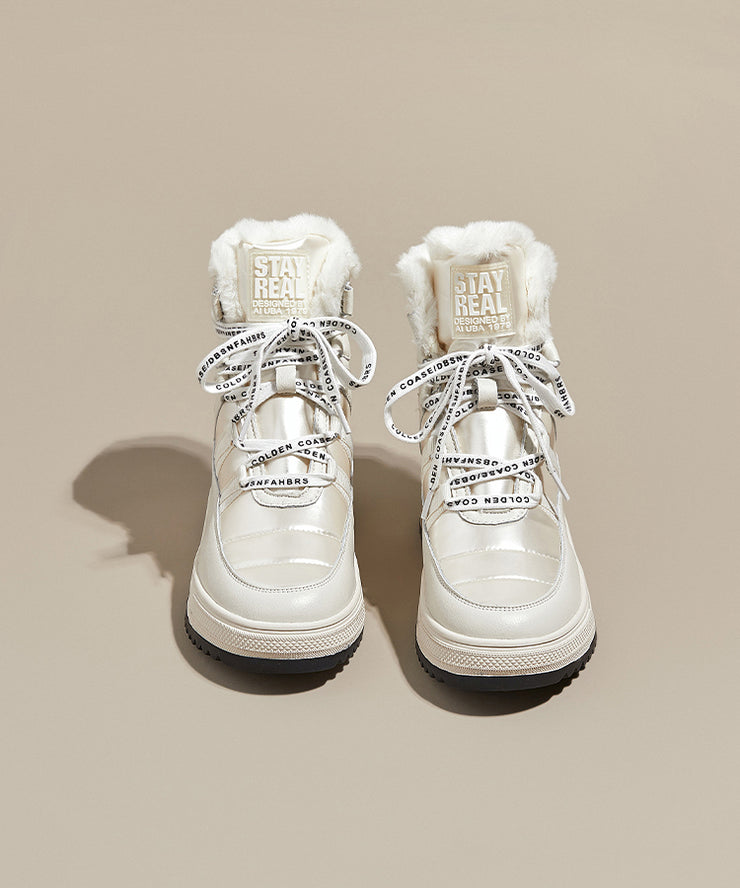 Beige Boots Platform Cowhide Leather Fitted Splicing Lace Up