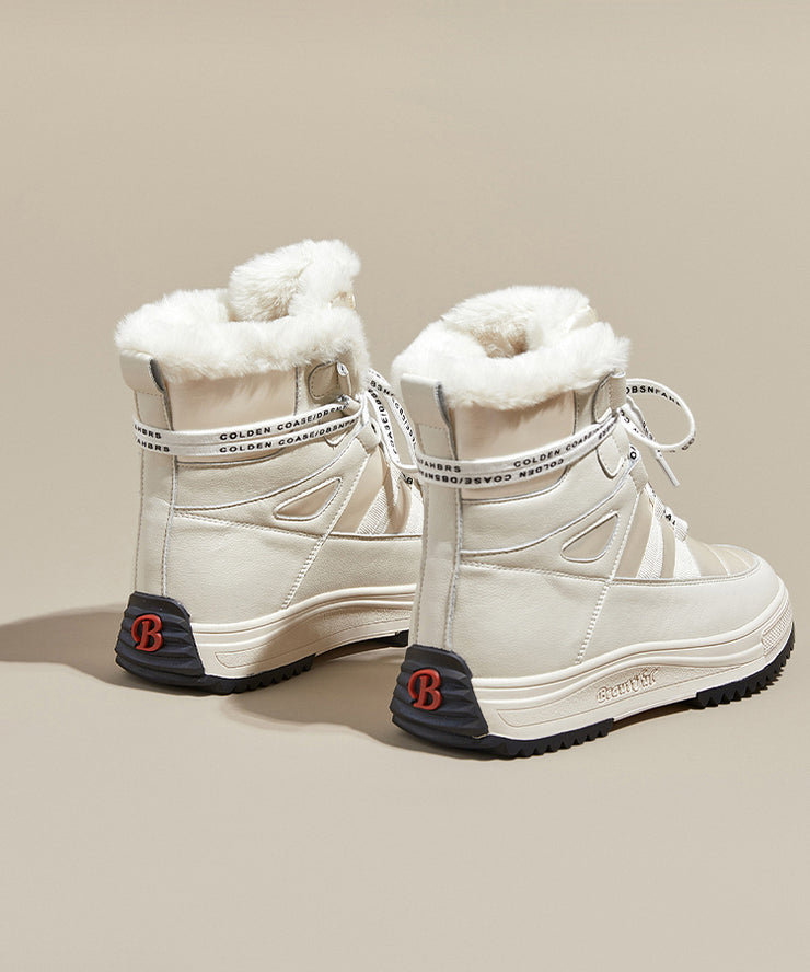 Beige Boots Platform Cowhide Leather Fitted Splicing Lace Up