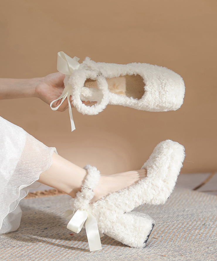 Beige Bow Faux Fur Boutique Splicing Chunky High Heels
