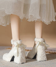 Beige Bow Faux Fur Boutique Splicing Chunky High Heels