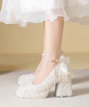 Beige Bow Faux Fur Boutique Splicing Chunky High Heels