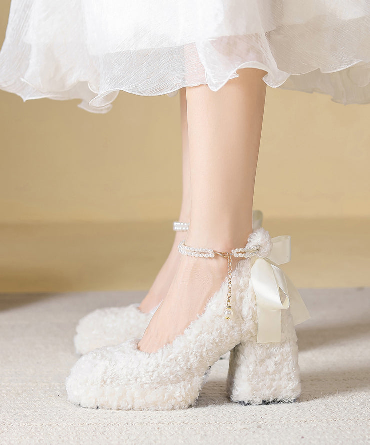 Beige Bow Faux Fur Boutique Splicing Chunky High Heels