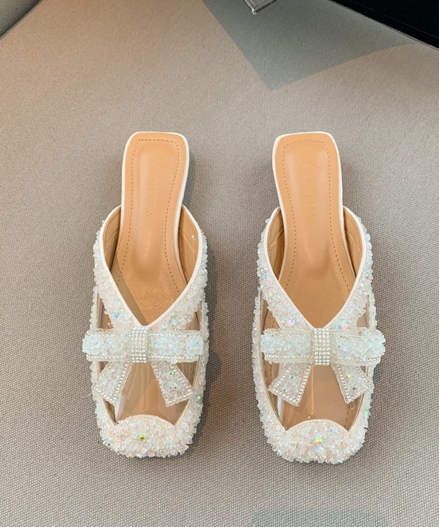 Beige Bow Zircon Splicing Stylish Slide Sandals