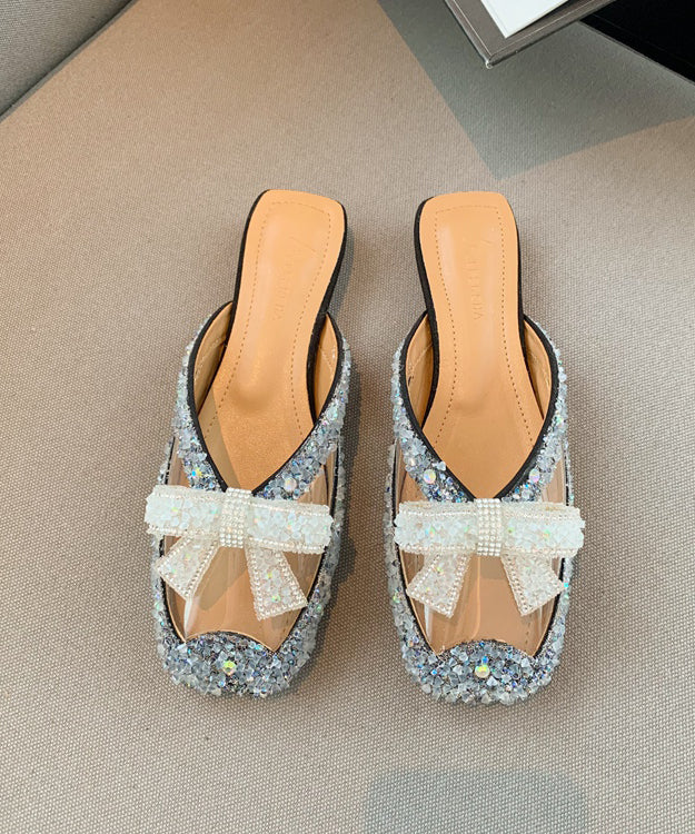 Beige Bow Zircon Splicing Stylish Slide Sandals
