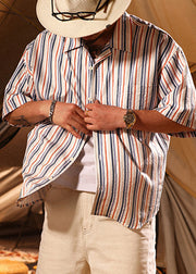 Beige Button Oversized Cotton Summer Mens Shirt Peter Pan Collar