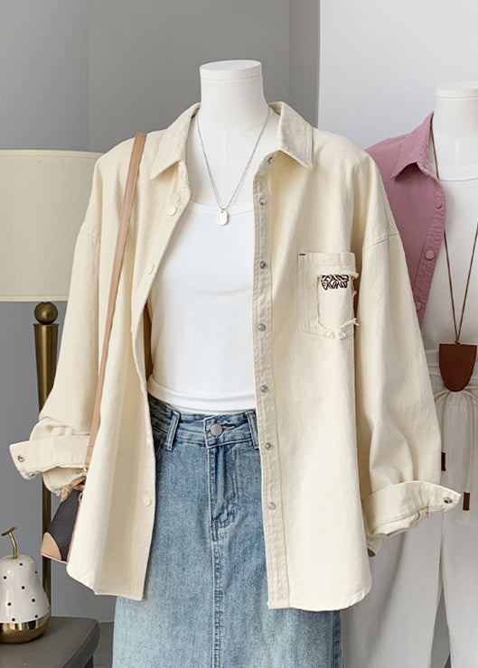 Beige Button Pockets Denim Fall Blouses Peter Pan Collar