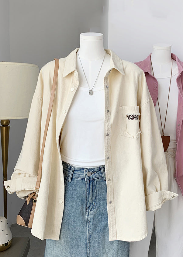 Beige Button Pockets Denim Fall Blouses Peter Pan Collar