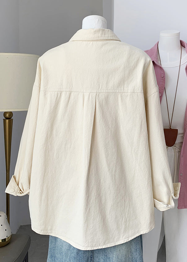 Beige Button Pockets Denim Fall Blouses Peter Pan Collar