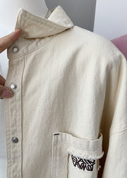 Beige Button Pockets Denim Fall Blouses Peter Pan Collar