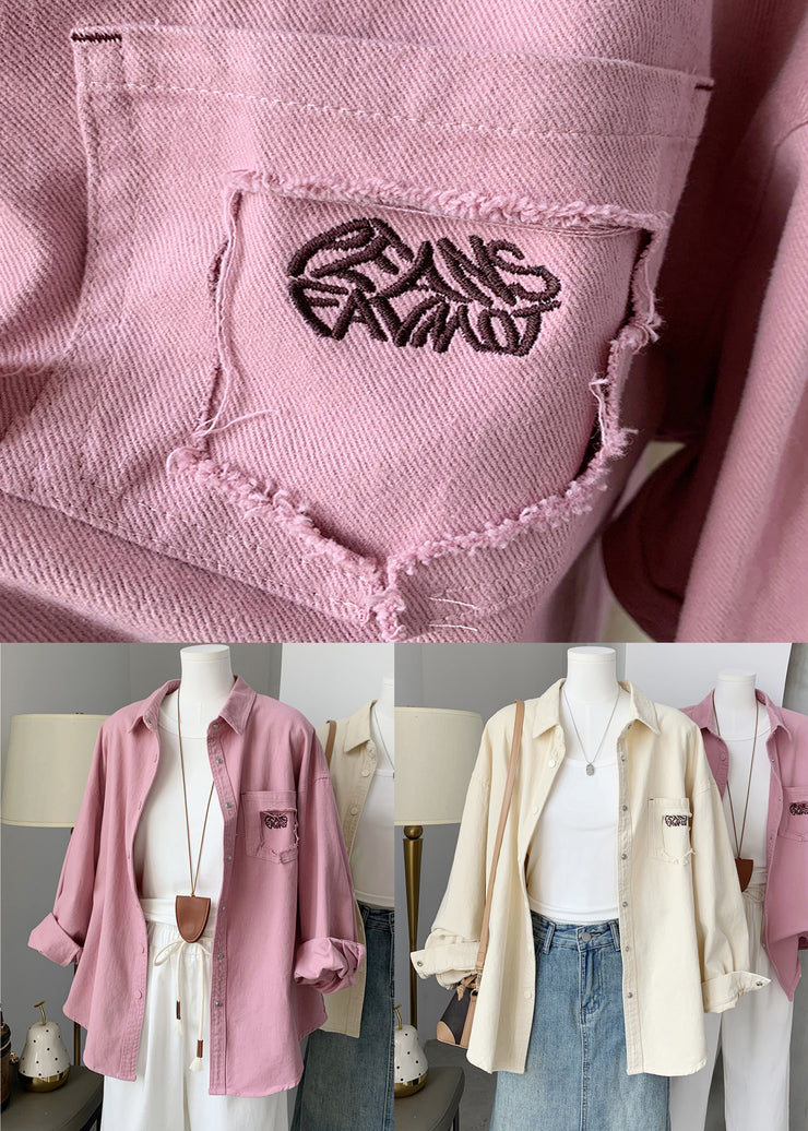 Beige Button Pockets Denim Fall Blouses Peter Pan Collar