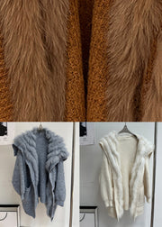 Beige Button Pockets Patchwork Knit Fall Coat Fox Collar