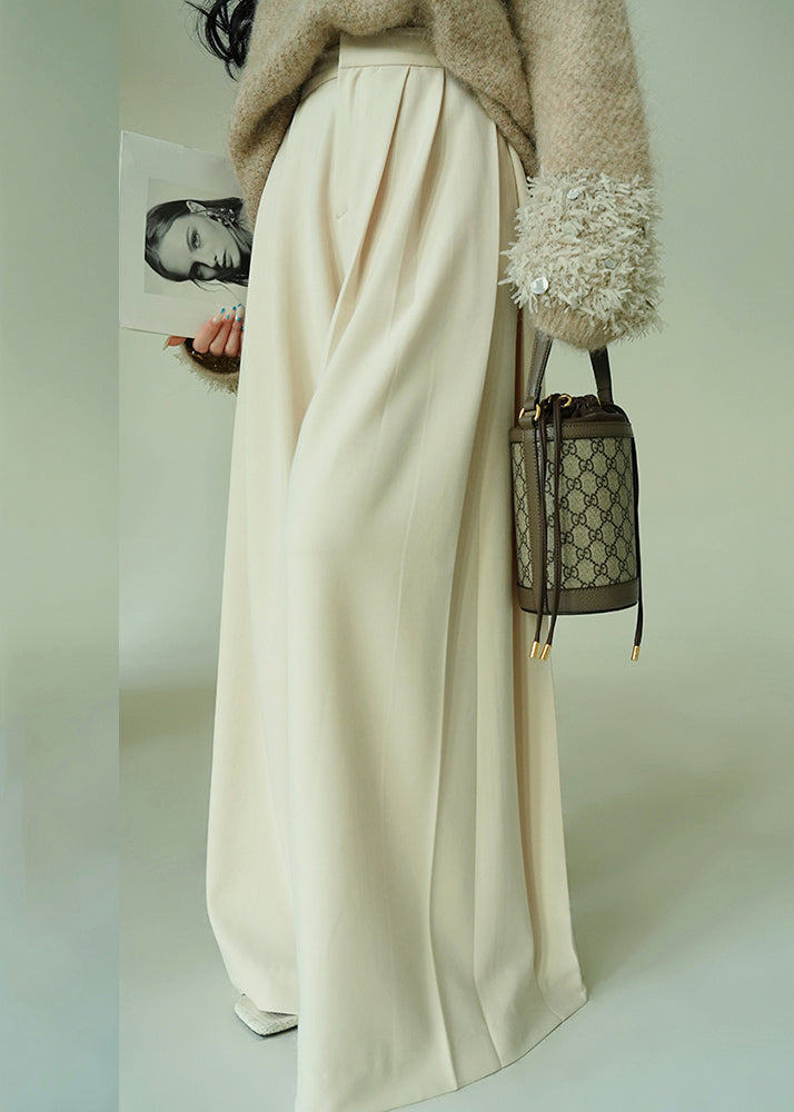 Beige Button Pockets Spandex Wide Leg Pants High Waist