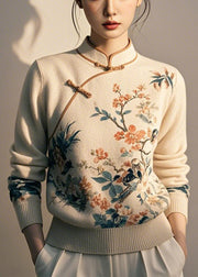 Beige Button Print Knit Sweaters Stand Collar Winter