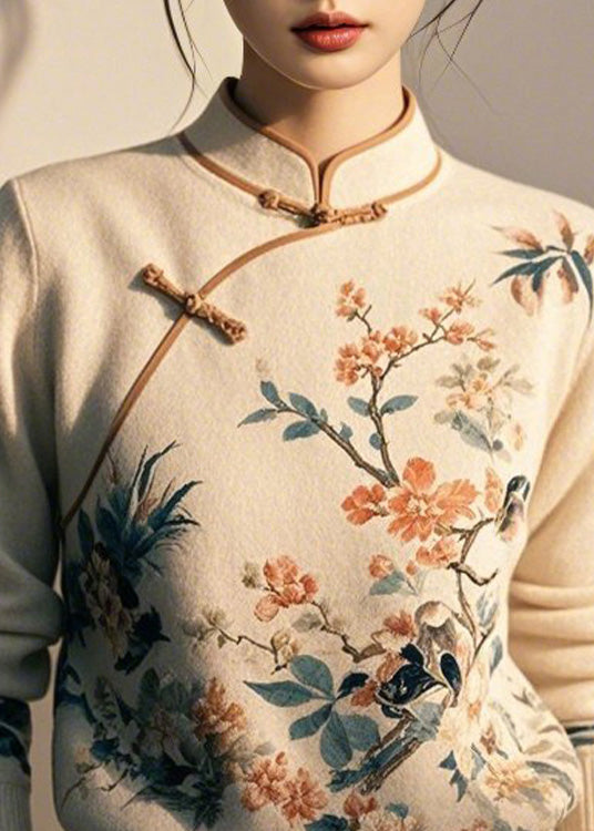 Beige Button Print Knit Sweaters Stand Collar Winter