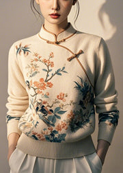 Beige Button Print Knit Sweaters Stand Collar Winter