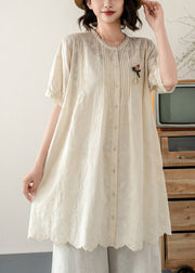 Beige Cotton A Line Tops Embroidered Wrinkled Summer