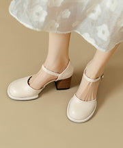 Beige Cowhide Leather Classy Splicing Chunky Heel Sandals
