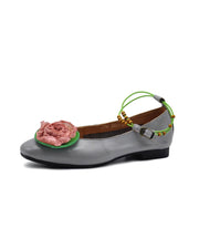 Beige Cowhide Leather Classy Splicing Floral Flat Feet Shoes