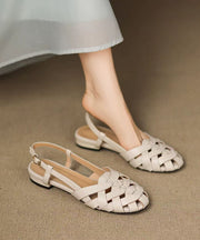 Beige Cowhide Leather Hollow Out Splicing Walking Sandals
