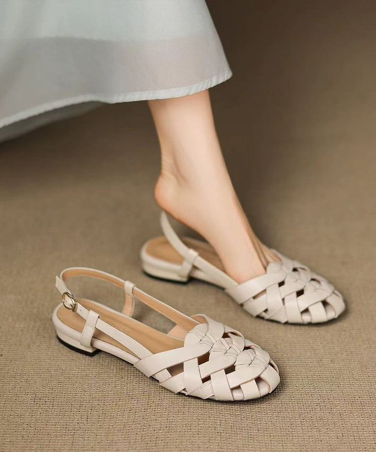 Beige Cowhide Leather Hollow Out Splicing Walking Sandals