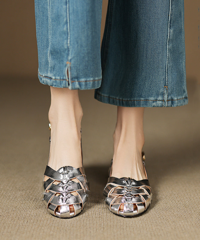 Beige Cowhide Leather Hollow Out Splicing Walking Sandals