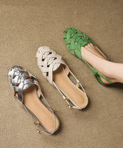 Beige Cowhide Leather Hollow Out Splicing Walking Sandals