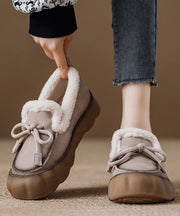 Beige Cowhide Leather Splicing Flat Feet Shoes Fuzzy Wool Lined