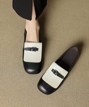 Beige Cowhide Leather Splicing Loafers For Women