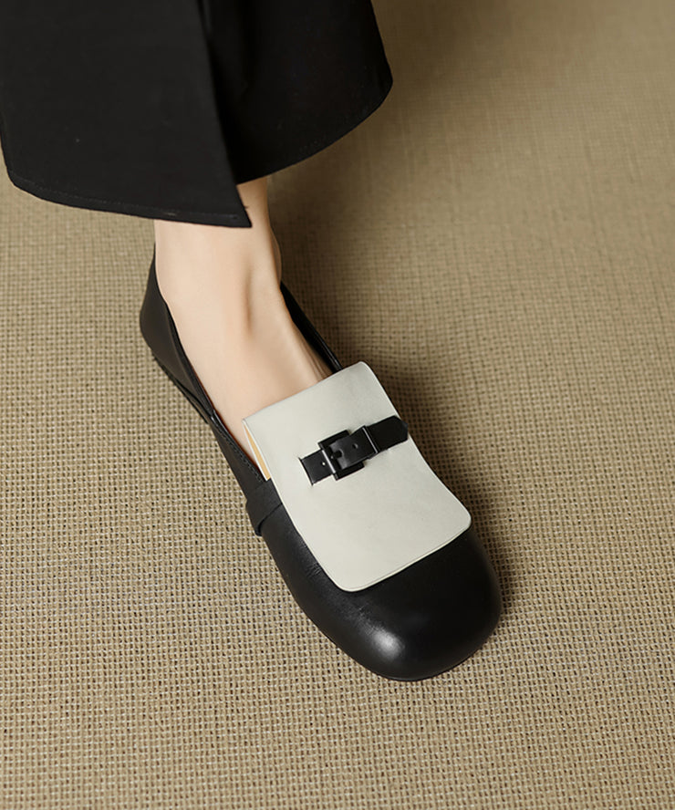 Beige Cowhide Leather Splicing Loafers For Women
