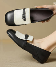 Beige Cowhide Leather Splicing Loafers For Women