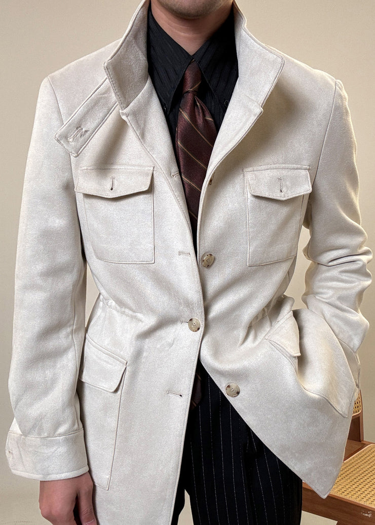 Beige Drawstring Button Faux Suede Mens Coats Stand Collar