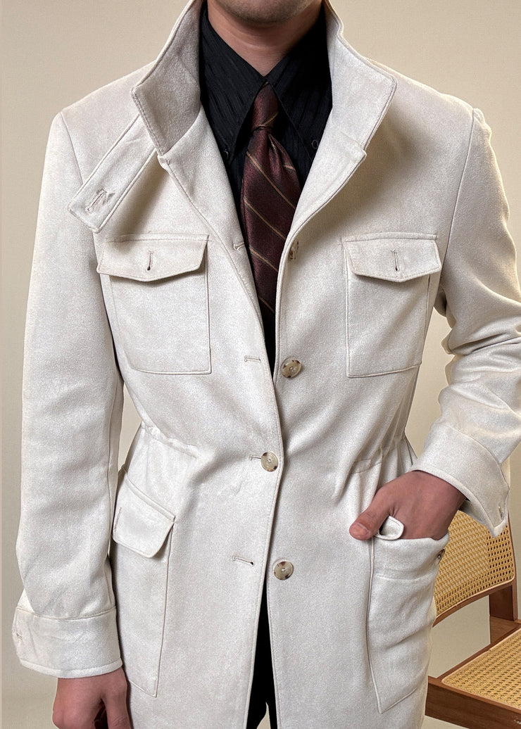 Beige Drawstring Button Faux Suede Mens Coats Stand Collar