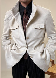 Beige Drawstring Button Faux Suede Mens Coats Stand Collar