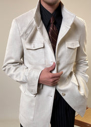 Beige Drawstring Button Faux Suede Mens Coats Stand Collar