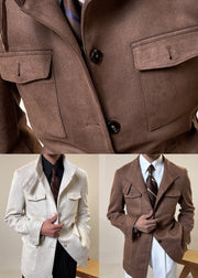 Beige Drawstring Button Faux Suede Mens Coats Stand Collar