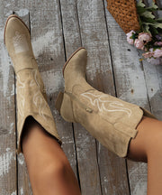 Beige Embossed Zippered Solid Suede Pointed Toe Boots