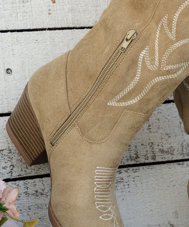 Beige Embossed Zippered Solid Suede Pointed Toe Boots