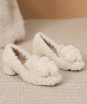 Beige Faux Fur Chic Splicing Chunky High Heels Fuzzy Wool Lined