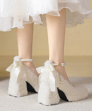 Beige Faux Fur Chunky High Heels Splicing Fuzzy Wool Lined