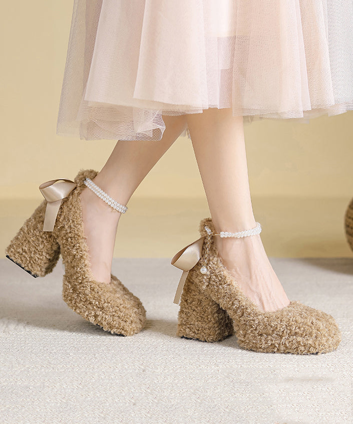 Beige Faux Fur Chunky High Heels Splicing Fuzzy Wool Lined